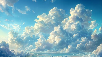 Wall Mural - Fluffy, voluminous clouds gently float across the expansive canvas of the clear blue sky.