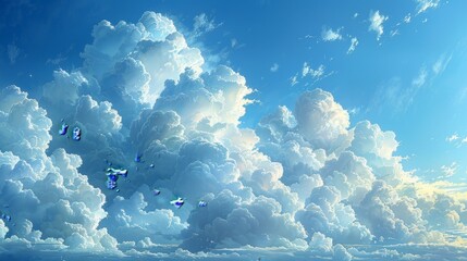 Wall Mural - Fluffy, voluminous clouds gently float across the expansive canvas of the clear blue sky. 