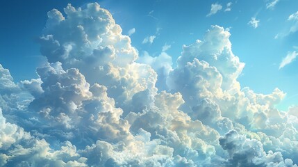 Wall Mural - Fluffy, voluminous clouds gently float across the expansive canvas of the clear blue sky. 