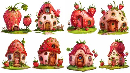 Wall Mural - cute fairytale cartoon house clipart isolated on white background, strawberry house,  generative Ai