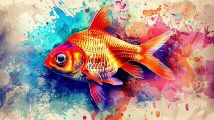 Wall Mural -   A goldfish painted against a multicolored watercolor backdrop, accompanied by a drip of paint