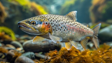 Wall Mural -   A tight shot of a fish swimming in water, surrounded by submerged plants and underwater rocks in the background, with closer rocks forming the foreground