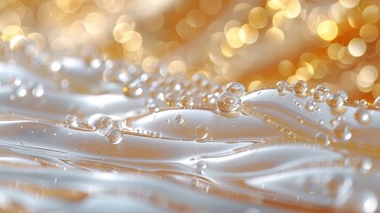 Sticker -   A tight shot of water droplets on a surface, backdrop softly blurred with golden and white lights