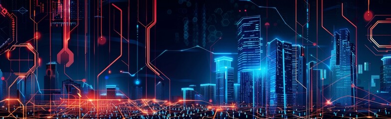 Blue background with digital data technology and architecture, banner design tech concept for website or presentation Generative AI