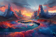 A glitched landscape where reality seems to warp and distort, with pixelated mountains and rivers bending and twisting in an otherworldly display.