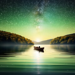 Wall Mural - beautiful night sky with stars and lake