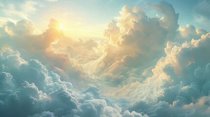 Wall Mural - Soft sunlight filters through the clouds, creating delicate shadows and highlighting their ethereal forms.