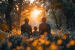 Summer morning in the park: father, visiting son, and young grandson create lasting memories amid nature's beauty
