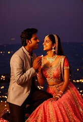 Wall Mural - A couple poses for a wedding photo at a big fat Indian wedding. Indian wedding couple.