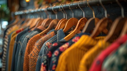Variety of used womens clothes on hangers in thrift store. Concept Thrift Store Fashion, Women's Clothing Bargains, Sustainable Shopping, Secondhand Style, Fashion Finds