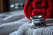 Heart and stethoscope in bathrobe pocket on world hypertension day copy space, 3D 