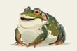 A cartoon illustration of a happy green frog with orange eyes sitting on a white background.