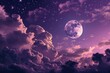 Gradient mystical moonlight sky with clouds and stars, Fantasy Skyline with Moon and Stars Above Clouds purple gradient mystical moonlight sky, Ai generated