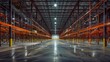 a warehouse, where racks and high-bay lights create captivating patterns of light and shadow, defining the space with an aura of efficiency and functionality.