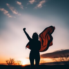 Poster - girl with red hair and yellow dress wings at sunset.