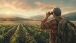 a hunter, equipped with binoculars and a map, scouting a vast glass agricultural field, where rows of crops extend into the distance, painting a scene of exploration and anticipation.