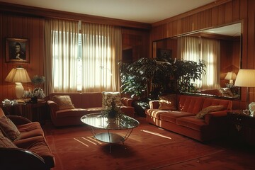 an 1980 s room interior decoration , mirror , and men