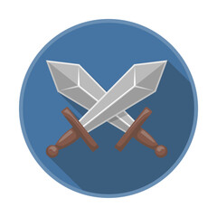 Sticker - Illustration of cartoon style crossed swords made of metal, suitable for medieval festival decorations. Ideal for icons, stamps, labels, certificates, gift cards, invitations, coupons, or sale banner