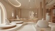 cat cafe, meticulously designed in a minimalist modern style, offering a haven for relaxation and feline companionship.