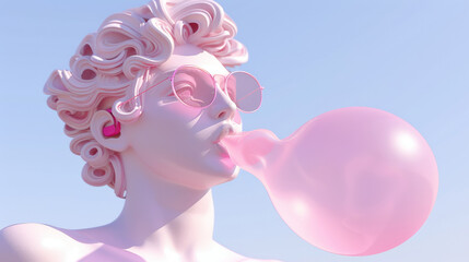 A woman with pink hair blowing a bubble