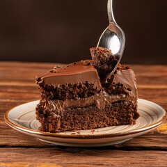 Wall Mural - A slice of chocolate cake on a dessert plate. Fork in the composition. Wooden table.
