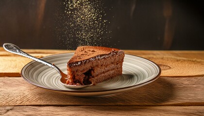 Wall Mural - A slice of chocolate cake on a dessert plate. Fork in the composition. Wooden table.
