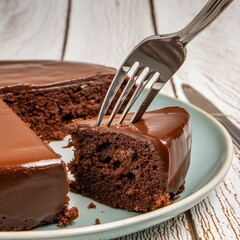 Wall Mural - A slice of chocolate cake on a dessert plate. Fork in the composition. White wooden table.
