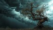 Photograph of a lone, old tree with twisted branches against a stormy sky, ideal for themes of nature's wrath and supernatural forces.