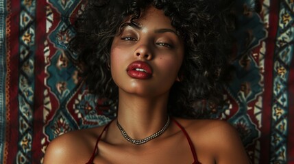 Exotic Beauty with Curly Hair and Red Lips Against Patterned Background