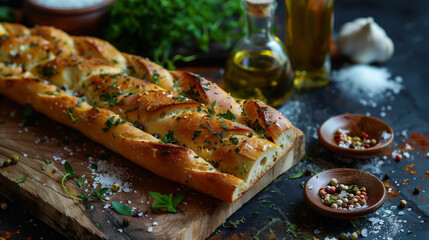 Wall Mural - baguette with herbs and oilve oil
