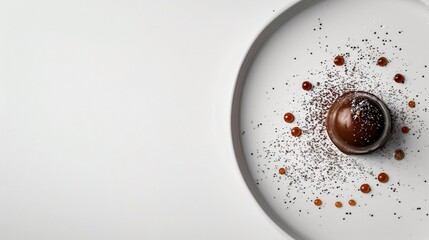 Wall Mural - Top view of minimalist chocolate dessert on the white table with copy space on the left decorated with fresh mint