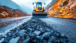 Asphalt road construction with heavy duty bulldozer working on construction site