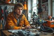 A young man with blonde hair and a casual outfit looks pensive while surrounded by tools in a well-equipped workshop