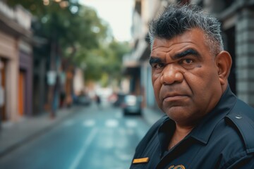 Latin american male police officer posing at a Latin-American city looking at the camera