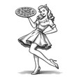 Pin-up vintage waitress in classic uniforms, with pizza sketch engraving generative ai fictional character vector illustration. Scratch board imitation. Black and white image.