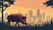 wild boar confronting city nature reclaiming urban landscape rural return concept illustration