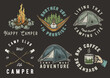 Collection of vintage camping and adventure emblems featuring tents, campfires, and nature for outdoor enthusiasts and wilderness. Set of t-shirt prints for travel, nature hiking and camp