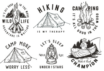 Wall Mural - Collection of emblems showcasing various camping and outdoor adventure themes, including campfires, tents, hiking, canoeing. Set of t-shirt prints for travel and camp