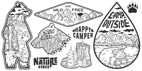 Wall Mural - Set of outdoor-themed stickers featuring mountains, nature, and camping elements for adventure lovers and to decorate gear with wild life and travel vibes