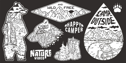 Wall Mural - Set of outdoor-themed stickers featuring mountains, nature, and camping elements for adventure lovers and to decorate gear with wild life and travel vibes