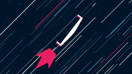 Wall Mural - Two-handed saw flies through the universe on a jet propulsion. The symbol in the center is shaking due to high speed. Seamless looped 4k animation on dark blue background with stars