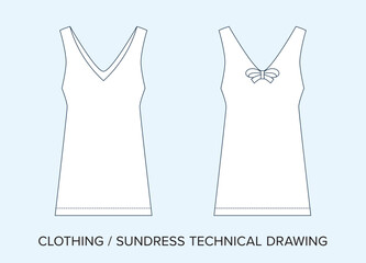 Wall Mural - Blank Sundress Technical Drawing, Apparel Blueprint for Fashion Designers. Detailed Editable Vector Illustration, Black and White Women's Clothing Schematics, Isolated Background. 
