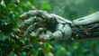 Anthropomorphic robotic hand touching green leaves on the blurred greenery background, ecological futuristic concept