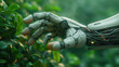 Anthropomorphic robotic hand touching green leaves, ecological futuristic concept