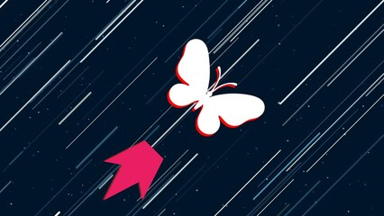 Wall Mural - Butterfly symbol flies through the universe on a jet propulsion. The symbol in the center is shaking due to high speed. Seamless looped 4k animation on dark blue background with stars