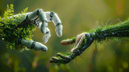 Wall Mural - robot hand and natural hand covered with grass reaching toward each other, technology and nature joi