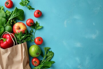 Wall Mural - Bird's-eye view of a shopping bag filled with fruits and vegetables set against a blue backdrop.