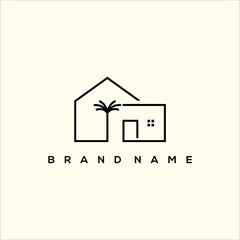 line art Vacation house or villa and palm tree logo vector