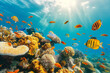 World Oceans Day. Group of fish swim around coral reef in underwater habitat. Generative AI