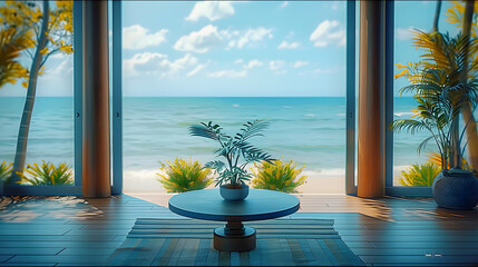 Wall Mural - A room featuring an ocean view, with a centrally placed table topped by a potted plant